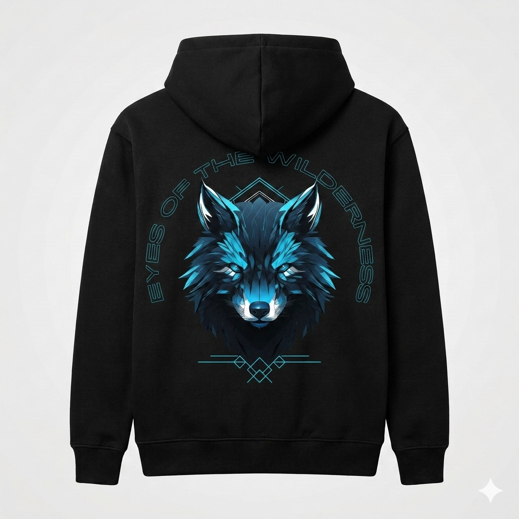Black hoodie with a wolf graphic and text on the back against a light gray background