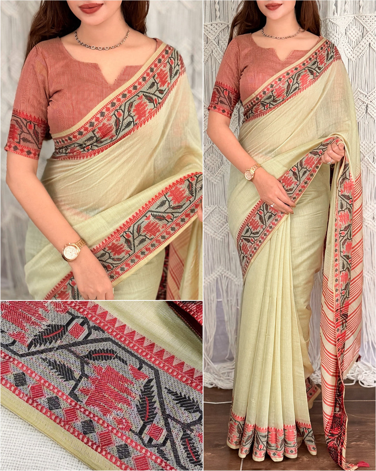 Modal Cotton Saree with Contrast Ikkat Border & Woven Pallu