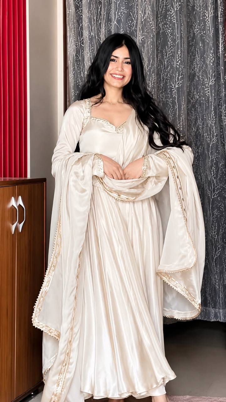 Heavy Upada Silk Embroidered Gown Pant & Dupatta Set