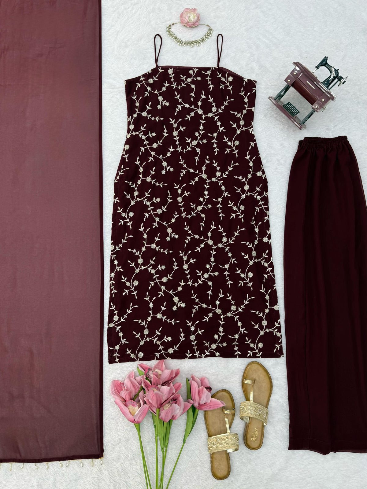 Embroidered Georgette Kurti Pant Set with Dupatta