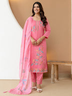Embroidered Roman Silk Kurta Pant Set with Printed Dupatta