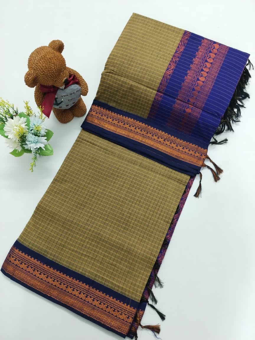 Checked Cotton Saree with Zari Pallu and Contrast Blouse