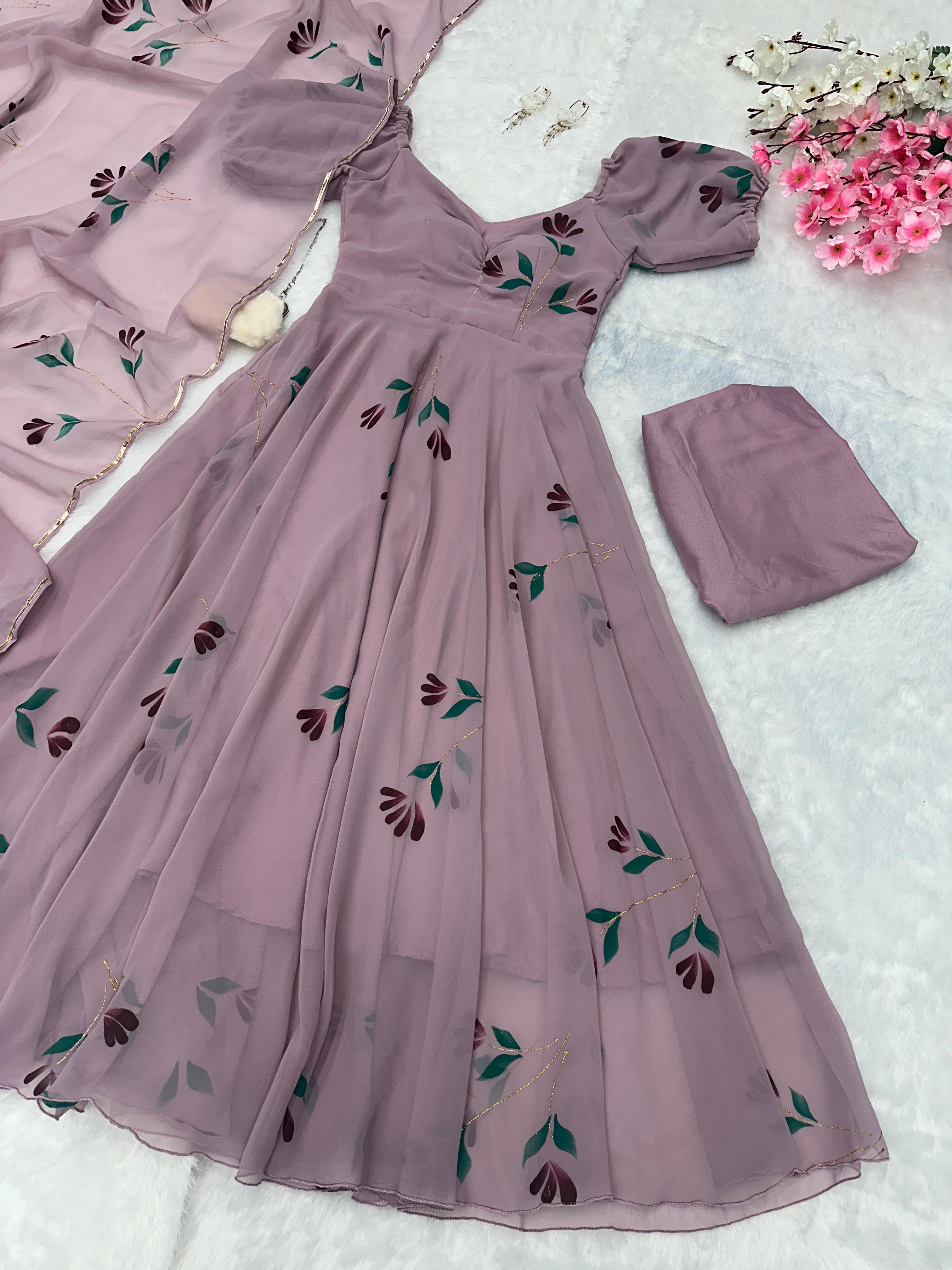 Handpainted Georgette Anarkali Suit Set with Dupatta