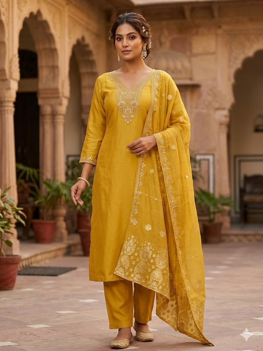 Embroidered Roman Silk Kurti Pant Set with Cotton Silk Dupatta