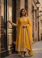 Embroidered Chinon Silk Gown Pant Set with Dupatta