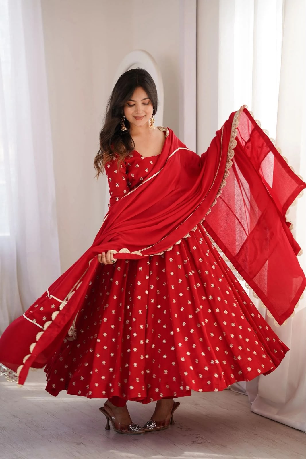 Designer Chinon Silk Anarkali Suit Set with Embroidered Dupatta