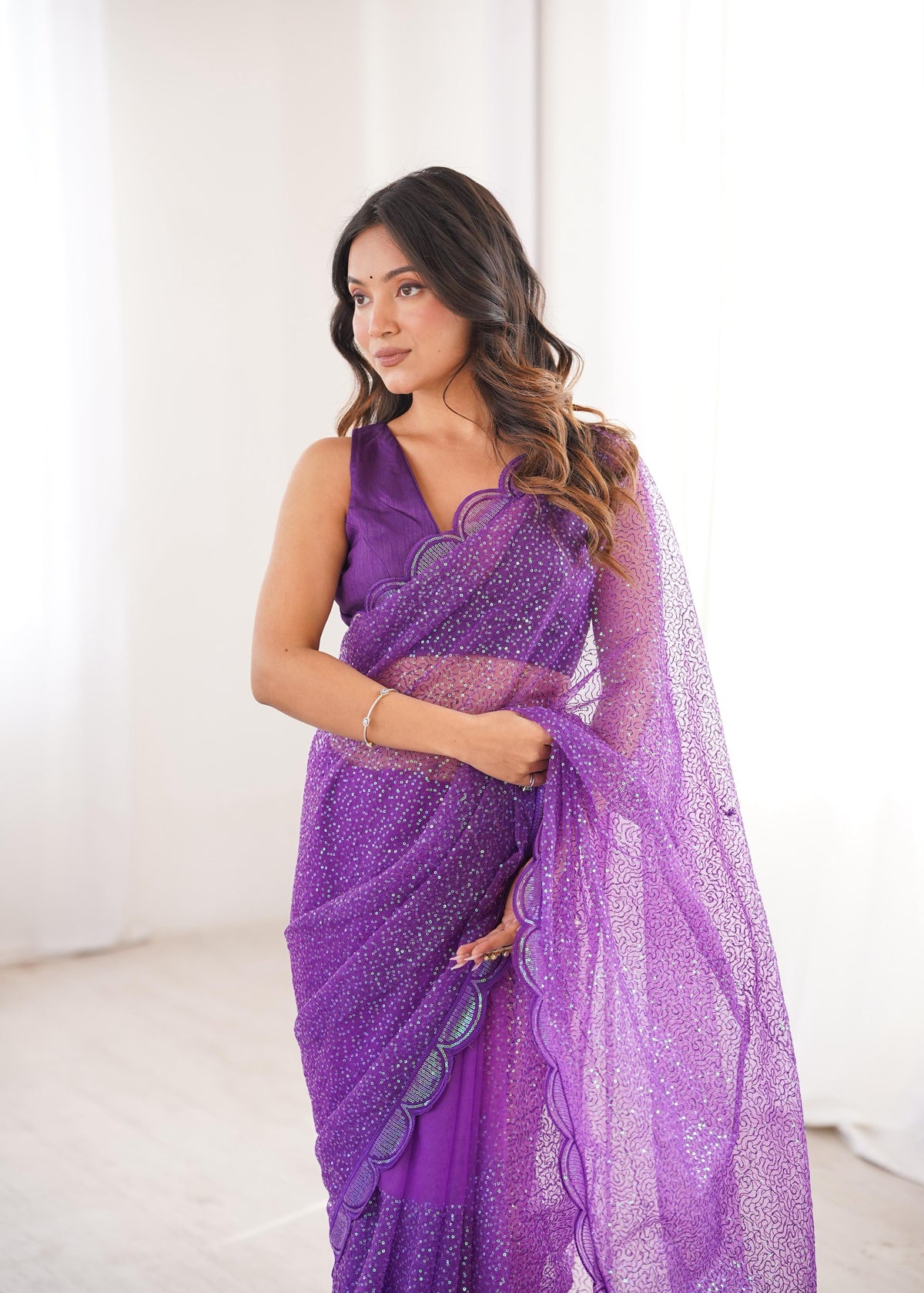 Soft Net Saree with Thread & Sequin Embroidery and Benglori Silk Blouse