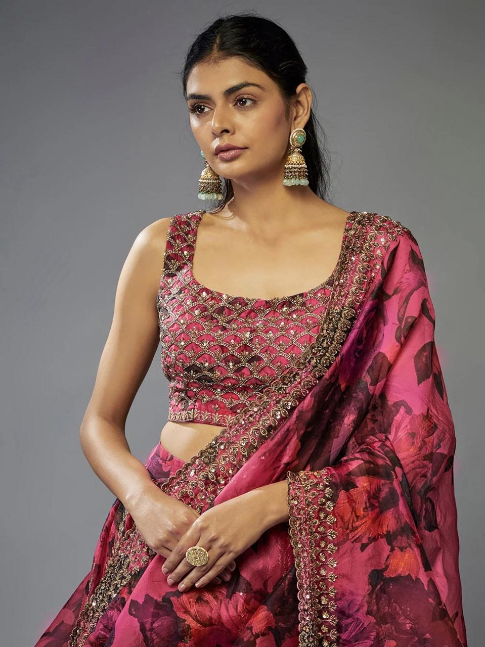 Organza Zari & Sequins Embroidered Lehenga Set with Dupatta