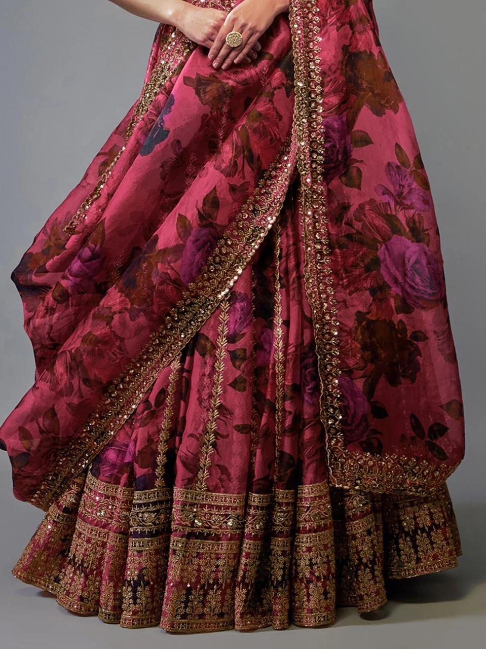 Organza Zari & Sequins Embroidered Lehenga Set with Dupatta