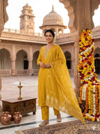 Embroidered Roman Silk Kurti Pant Set with Cotton Silk Dupatta