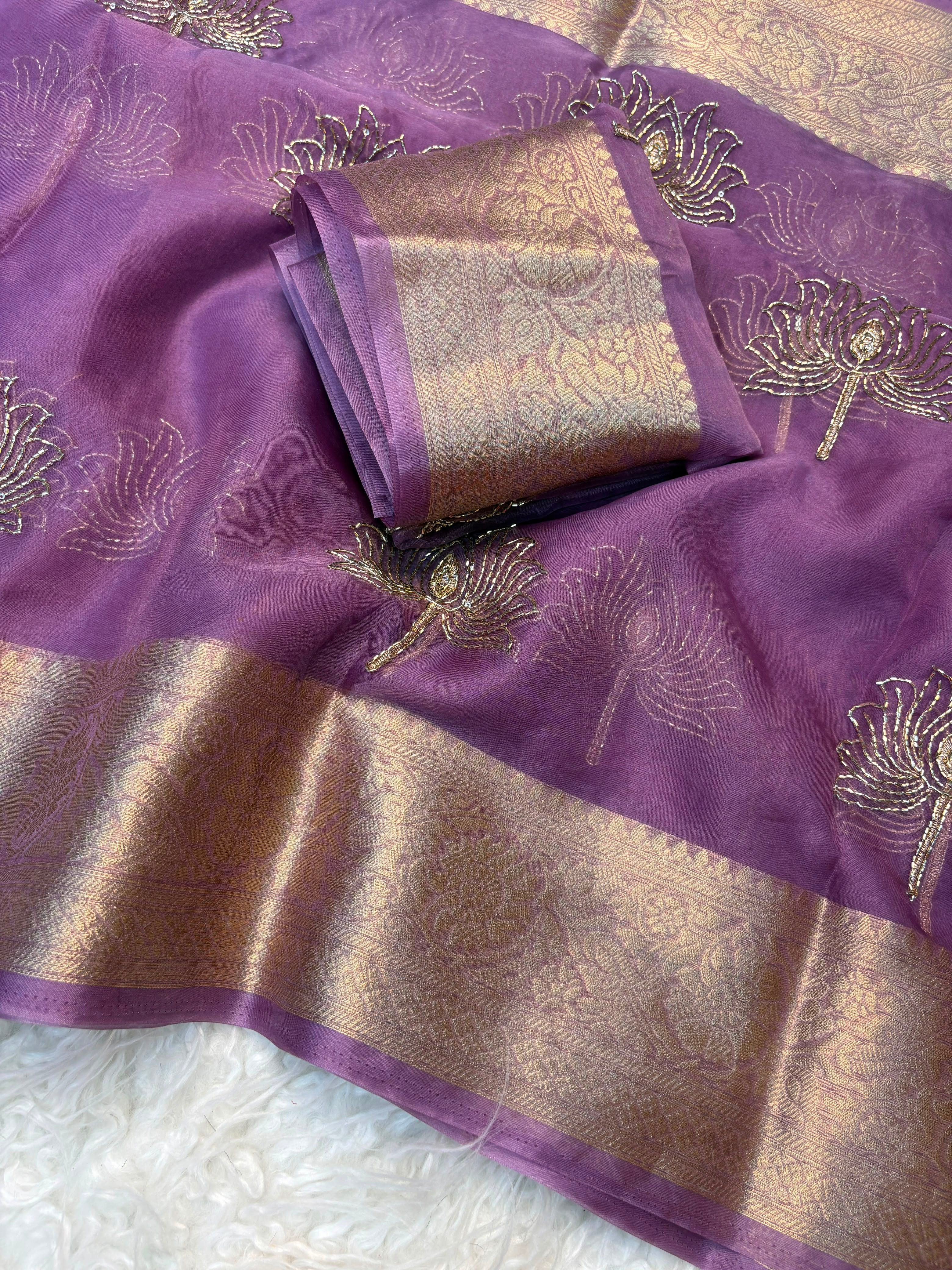Designer Lotus Beadwork Party Wear Saree