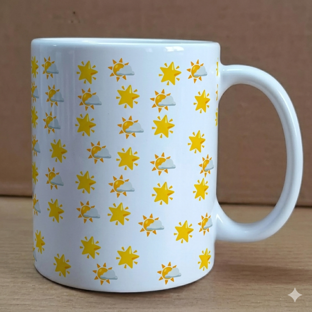 White mug with yellow sun and cloud pattern on a wooden surface