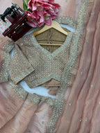 Thread and Sequins Work Tissue Crush Saree with Unstitched Blouse