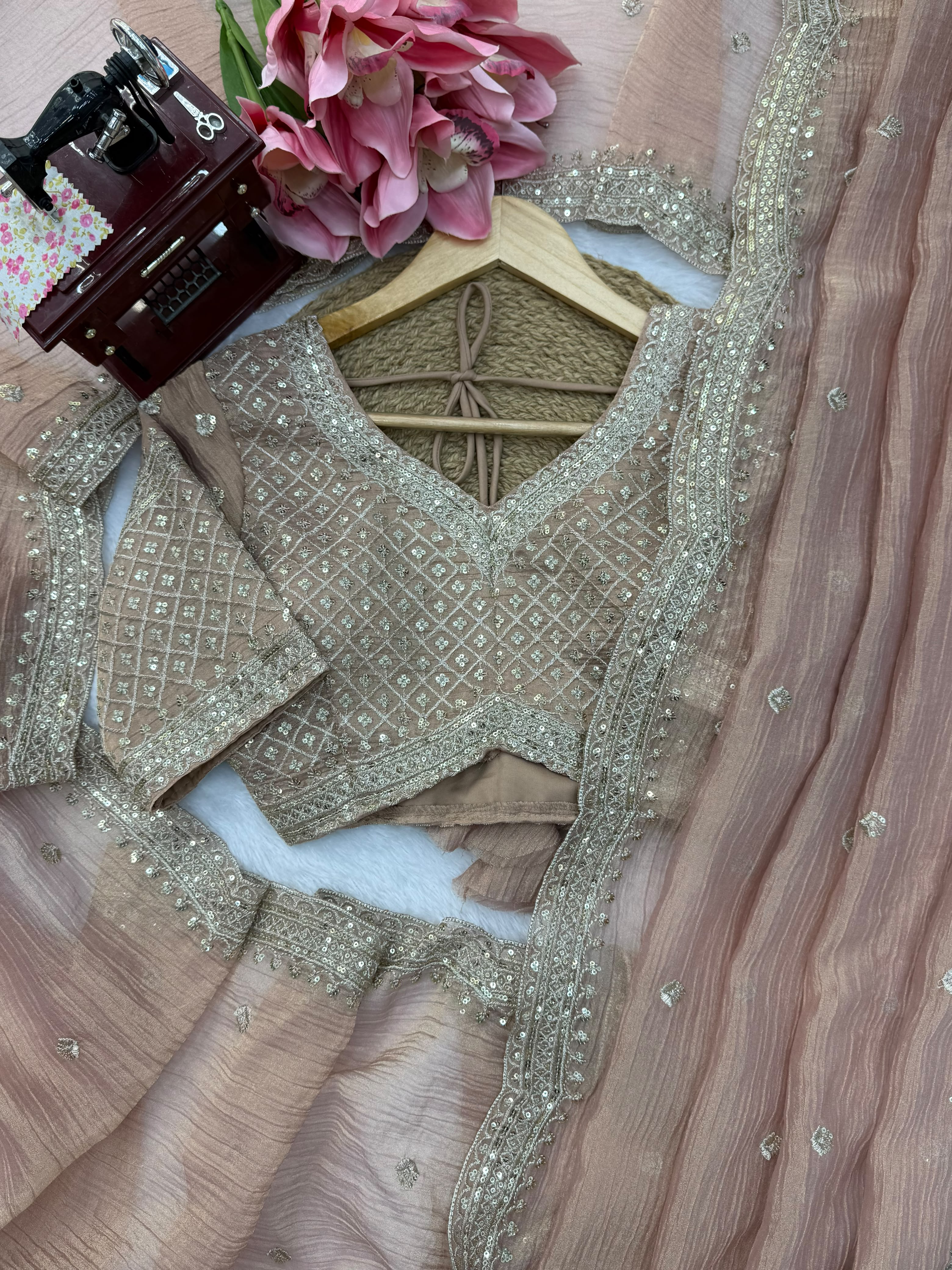 Thread and Sequins Work Tissue Crush Saree with Unstitched Blouse