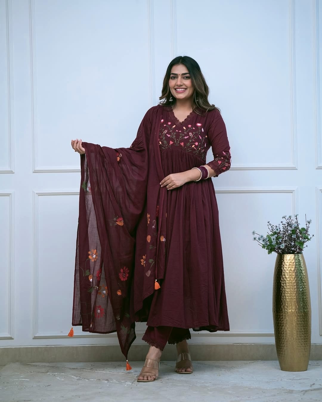 Embroidered Cotton Kurta Pant Set with Printed Cotton Malmal Dupatta