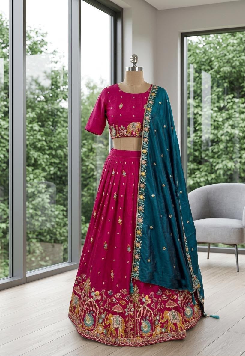 Designer Space Silk Embroidered Lehenga Choli with Dupatta