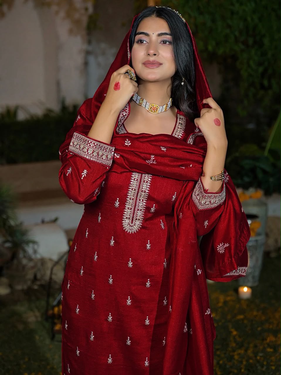 Embroidered Vichitra Silk Kurti Pant Set with Dupatta