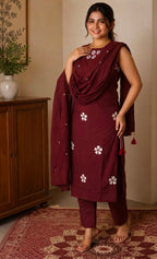 Embroidered Cotton Kurti Pant Set with Dupatta