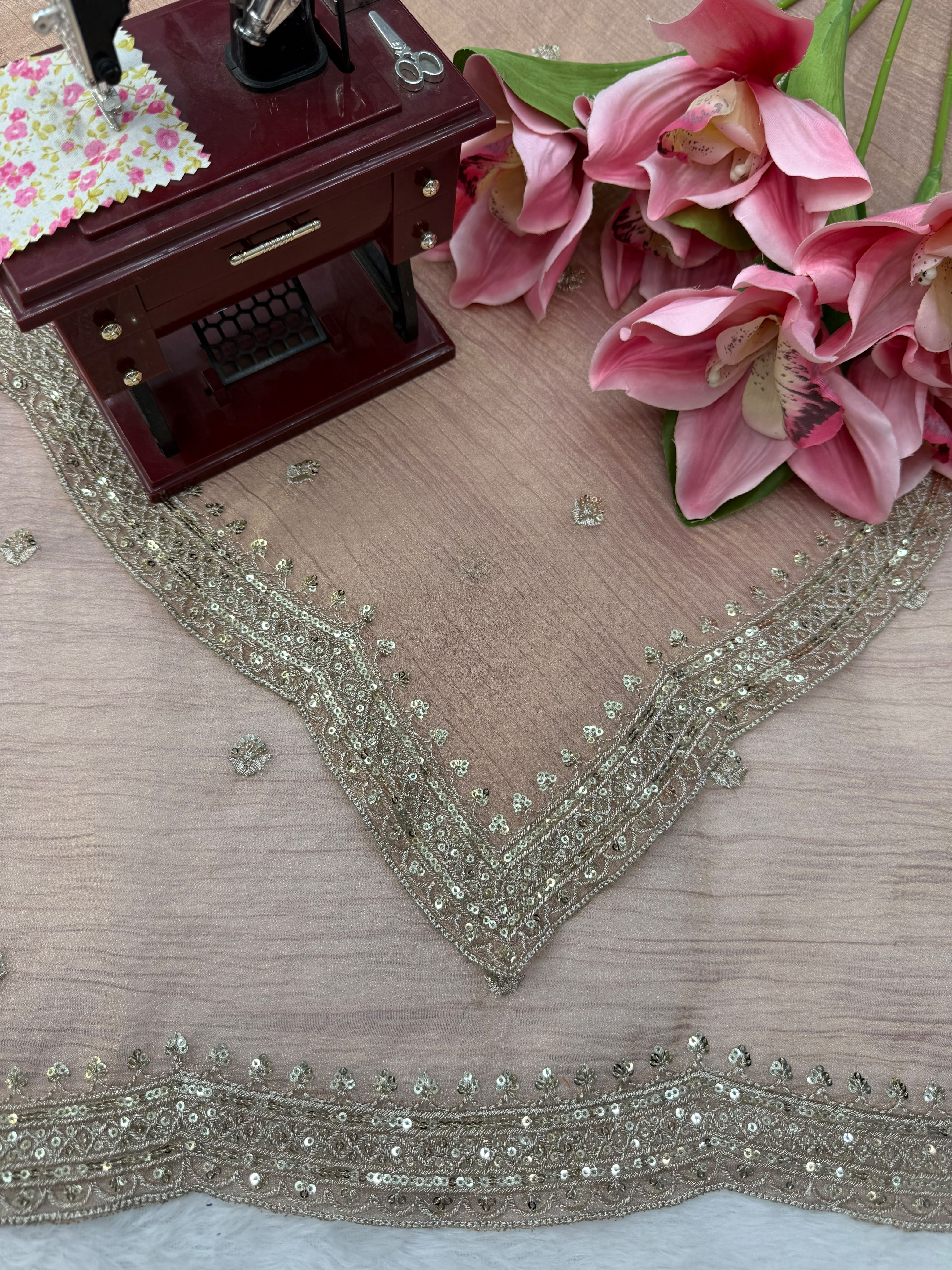 Thread and Sequins Work Tissue Crush Saree with Unstitched Blouse