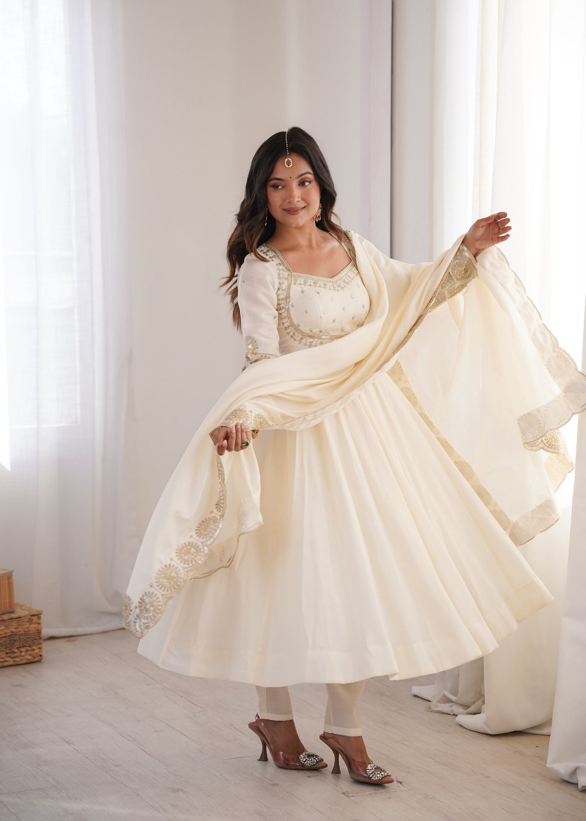 Roman Silk Embroidered Anarkali Gown Set with Chanderi Dupatta