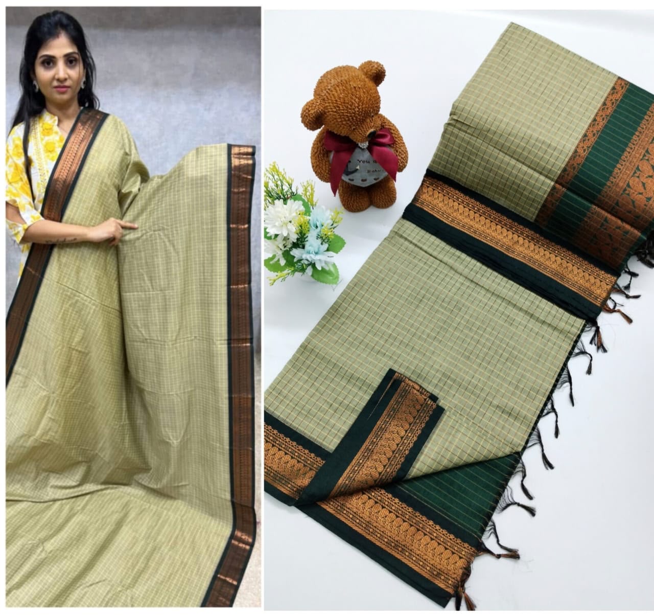 Checked Cotton Saree with Zari Pallu and Contrast Blouse