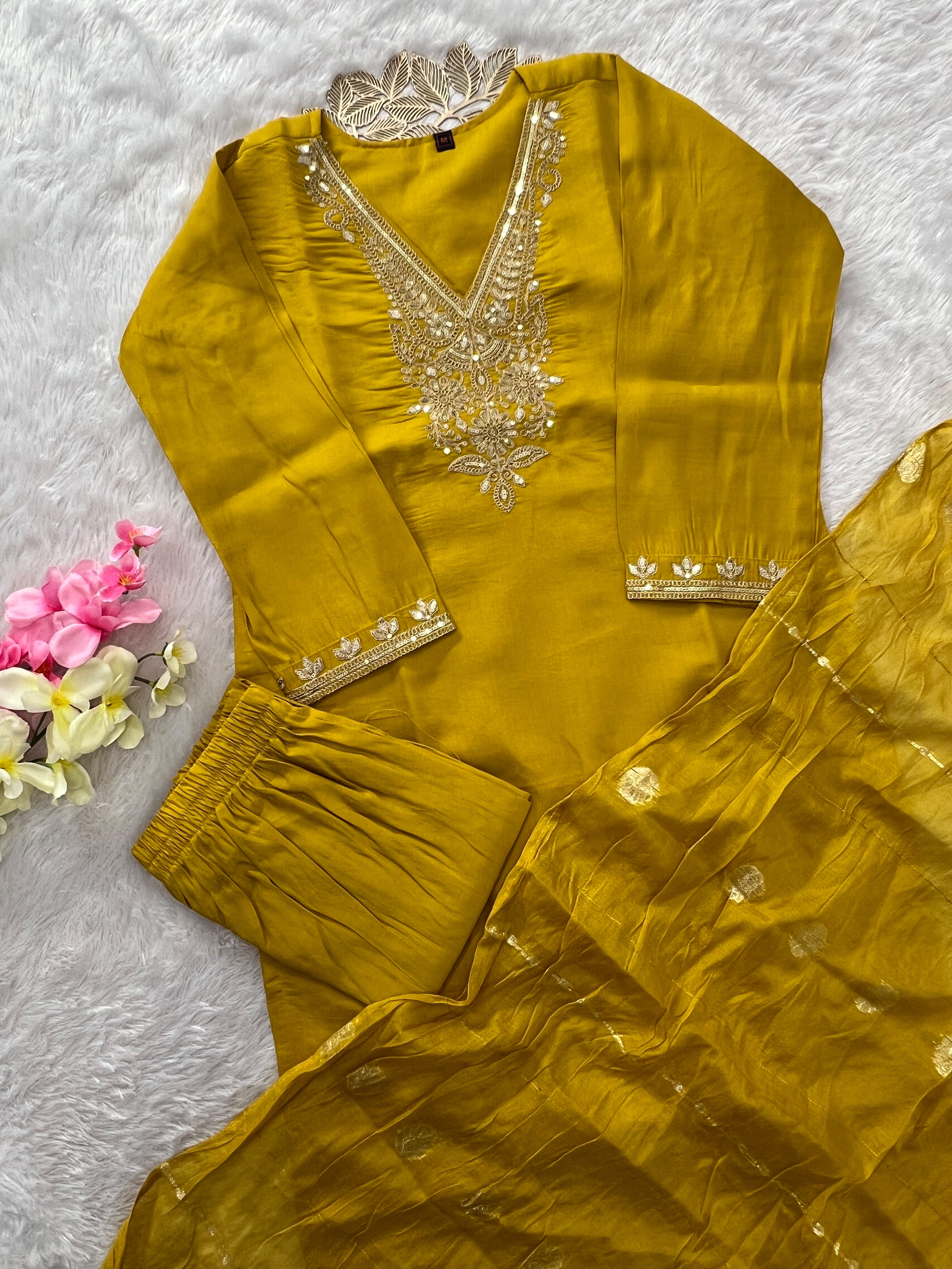 Embroidered Roman Silk Kurti Pant Set with Cotton Silk Dupatta