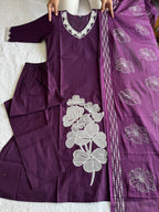 Embroidered Cotton A-Line Kurti Pant Set with Hand Block Dupatta