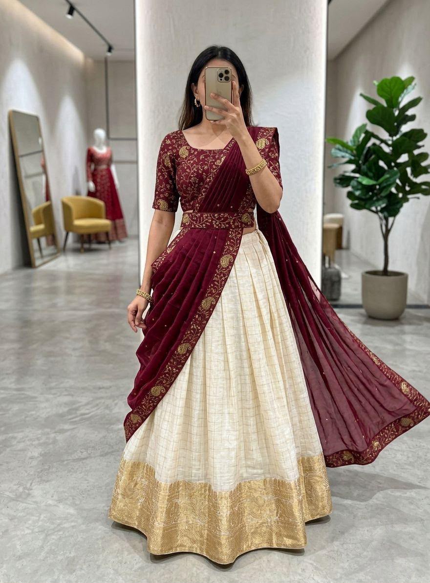 Kanakvalli Cream & Maroon Embroidered Lehenga Set