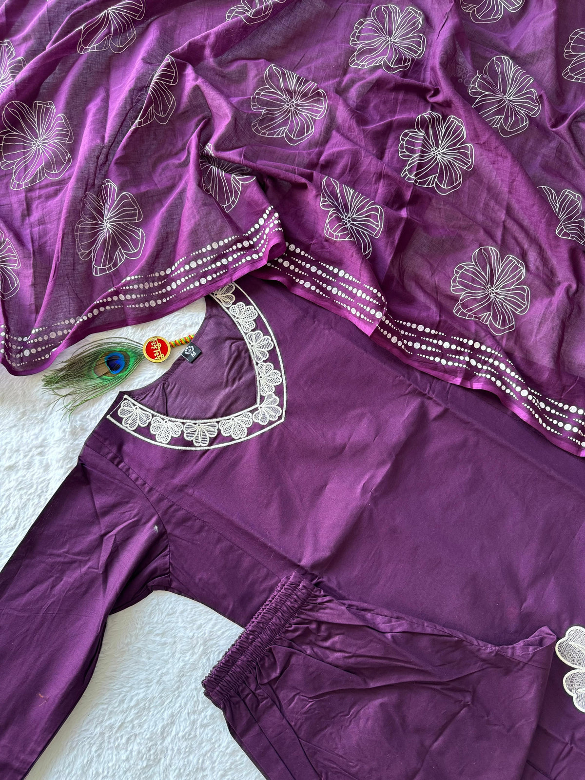 Embroidered Cotton A-Line Kurti Pant Set with Hand Block Dupatta