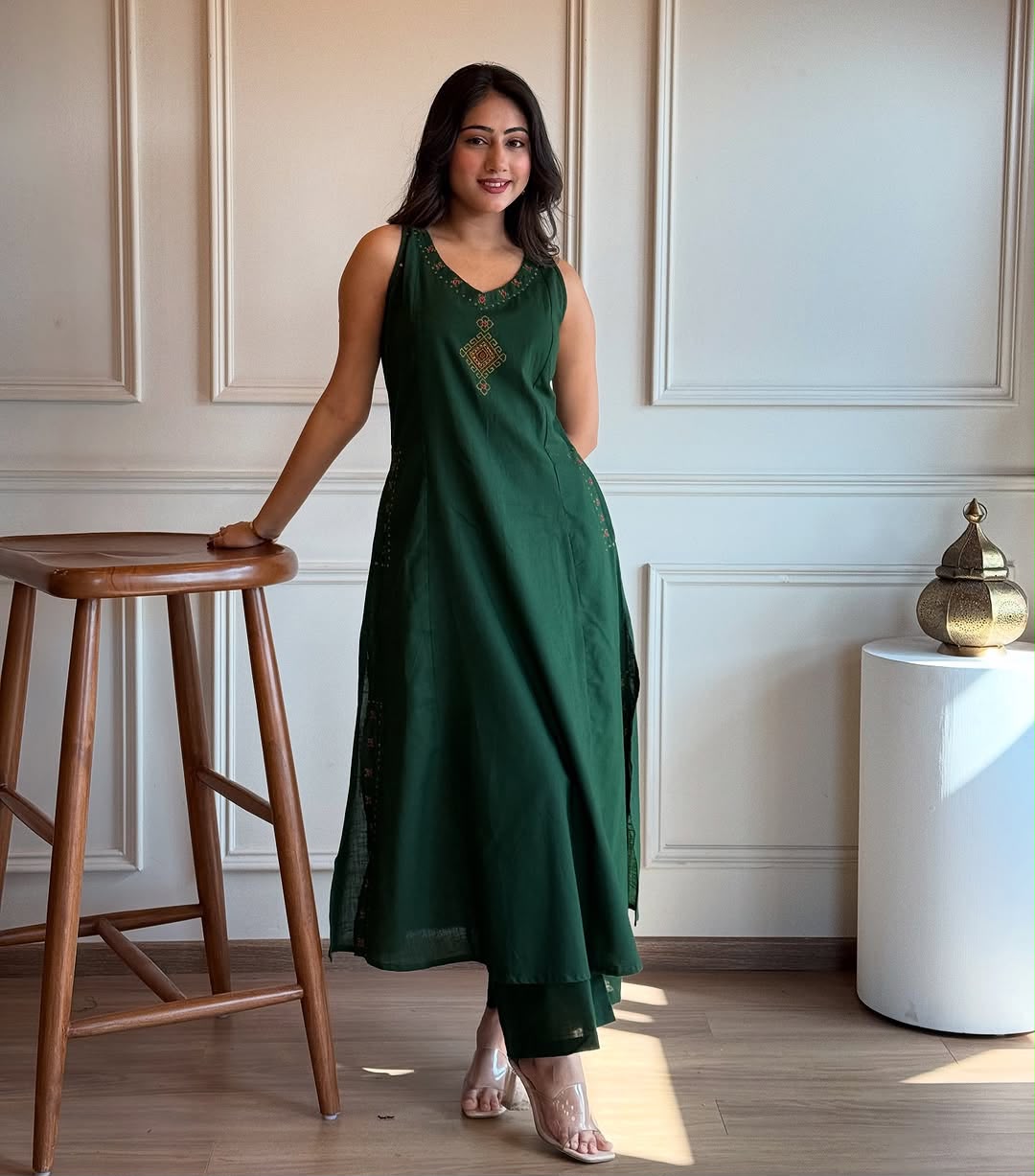 Designer Cotton Slub Embroidered Kurti Palazzo Set for Women
