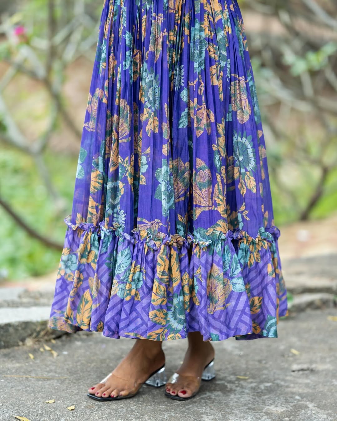 Floral Print Muslin Long Dress with Full Flare