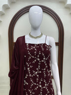 Embroidered Georgette Kurti Pant Set with Dupatta