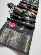 Floral Print Digital Silk Saree with Mirror Work