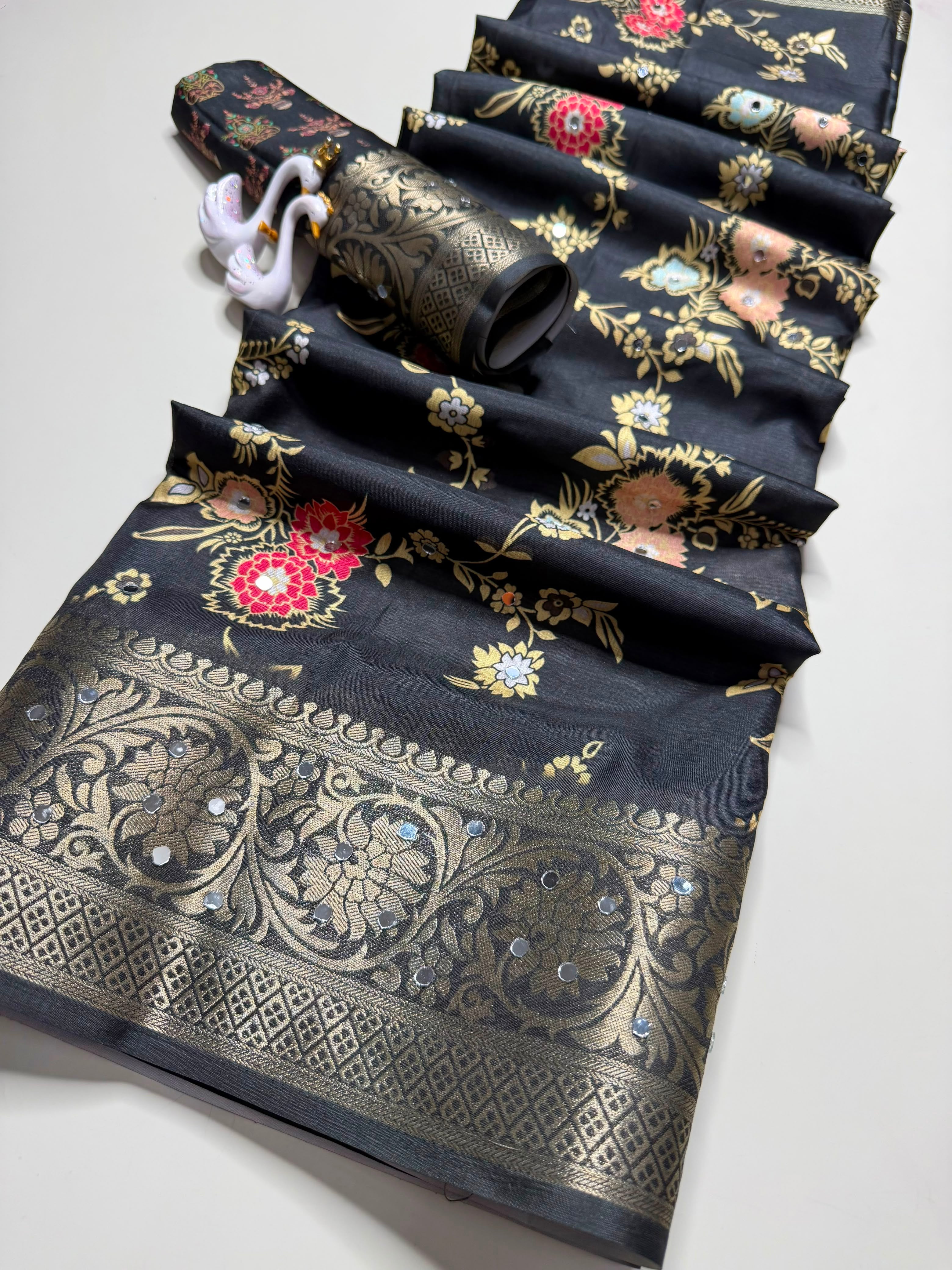 Floral Print Digital Silk Saree with Mirror Work