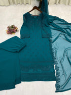Embroidered Georgette Kurti Pant Set with Dupatta