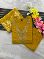 Embroidered Roman Silk Kurti Pant Set with Cotton Silk Dupatta