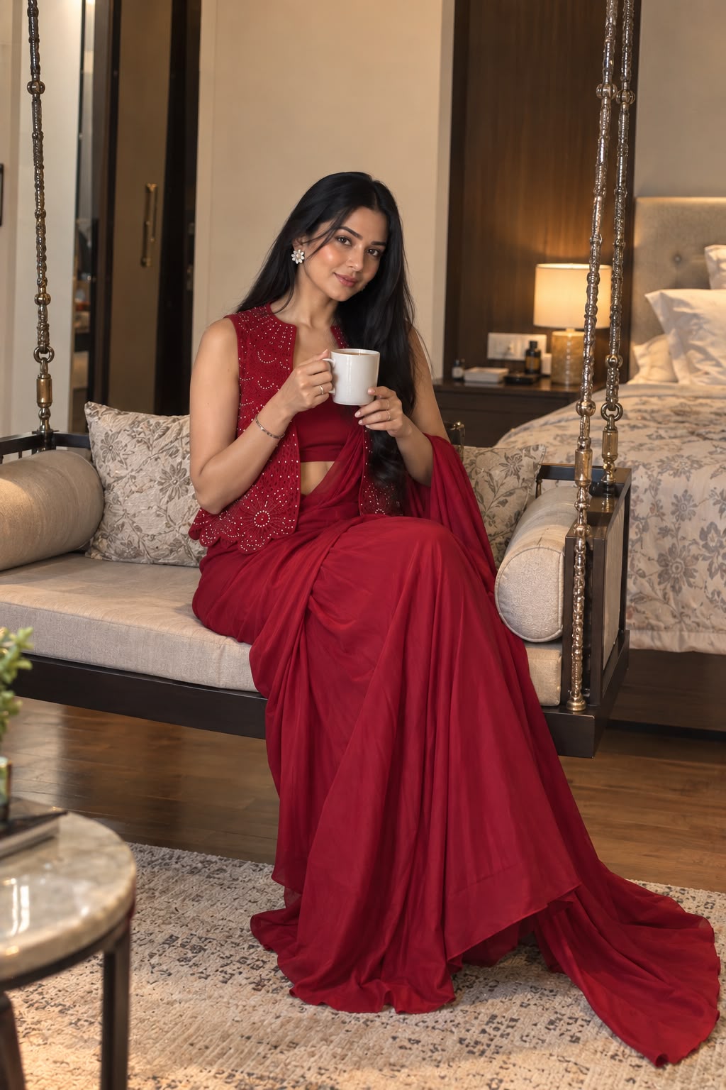 Chinon Silk Ready-to-Wear Saree with Embroidered Jacket & Blouse