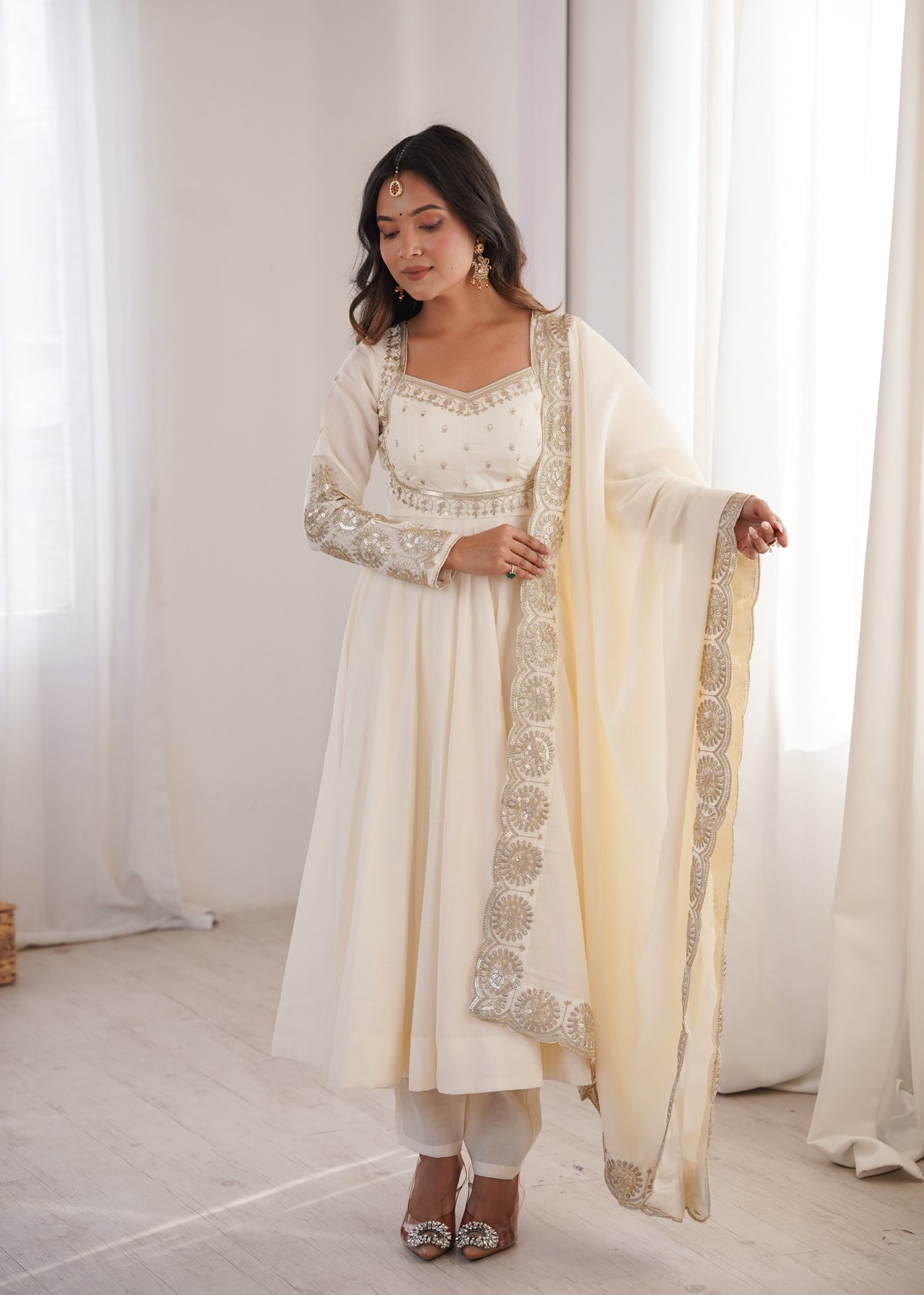 Roman Silk Embroidered Anarkali Gown Set with Chanderi Dupatta