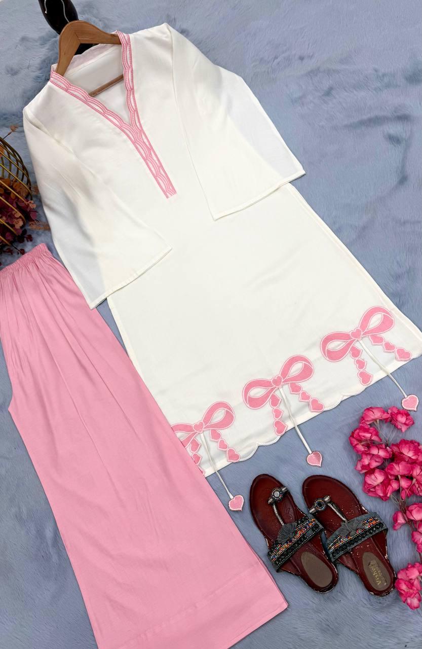Pure Roman Silk Embroidered Top & Palazzo Set