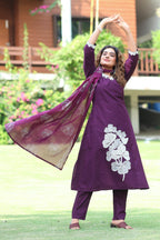Embroidered Cotton A-Line Kurti Pant Set with Hand Block Dupatta
