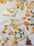 Floral Print Saree with Gola Zari Border & Blouse