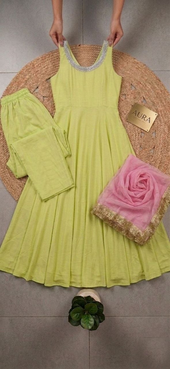 Fox Georgette Anarkali Suit Set with Lace Neckline & Dupatta