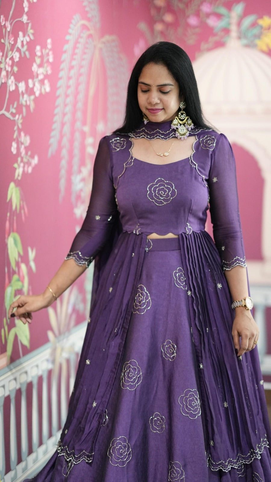 Embroidered Vertical Viscose Lehenga Set with Peplum Blouse & Dupatta