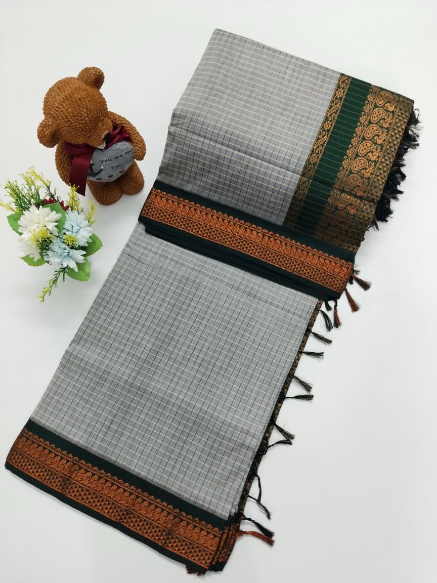 Checked Cotton Saree with Zari Pallu & Contrast Blouse