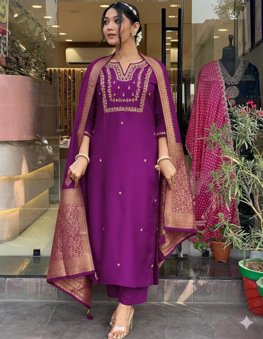 Woman in a purple traditional outfit with gold details standing in front of a store entrance.