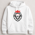 White hoodie with a black lion graphic and red crown on a light gray background