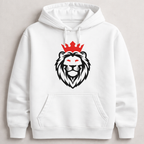 White hoodie with a black lion graphic and red crown on a light gray background
