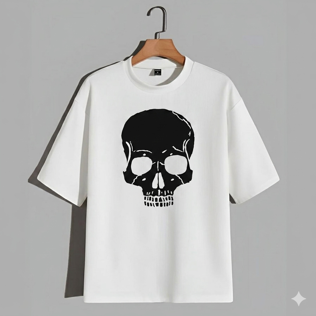 White t-shirt with a black skull design on a gray background
