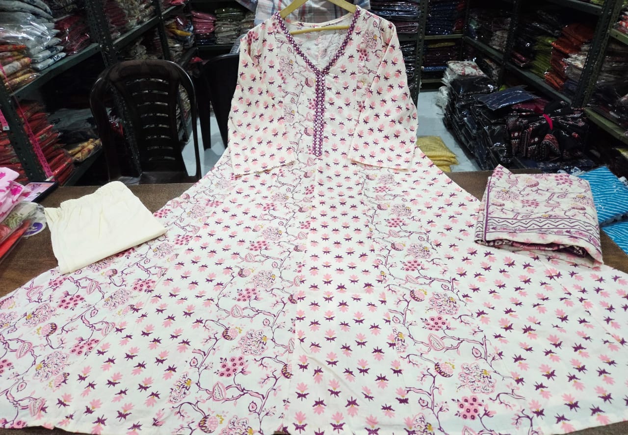 Mirror Embroidered Cotton Anarkali Suit Set with Mulmul Dupatta