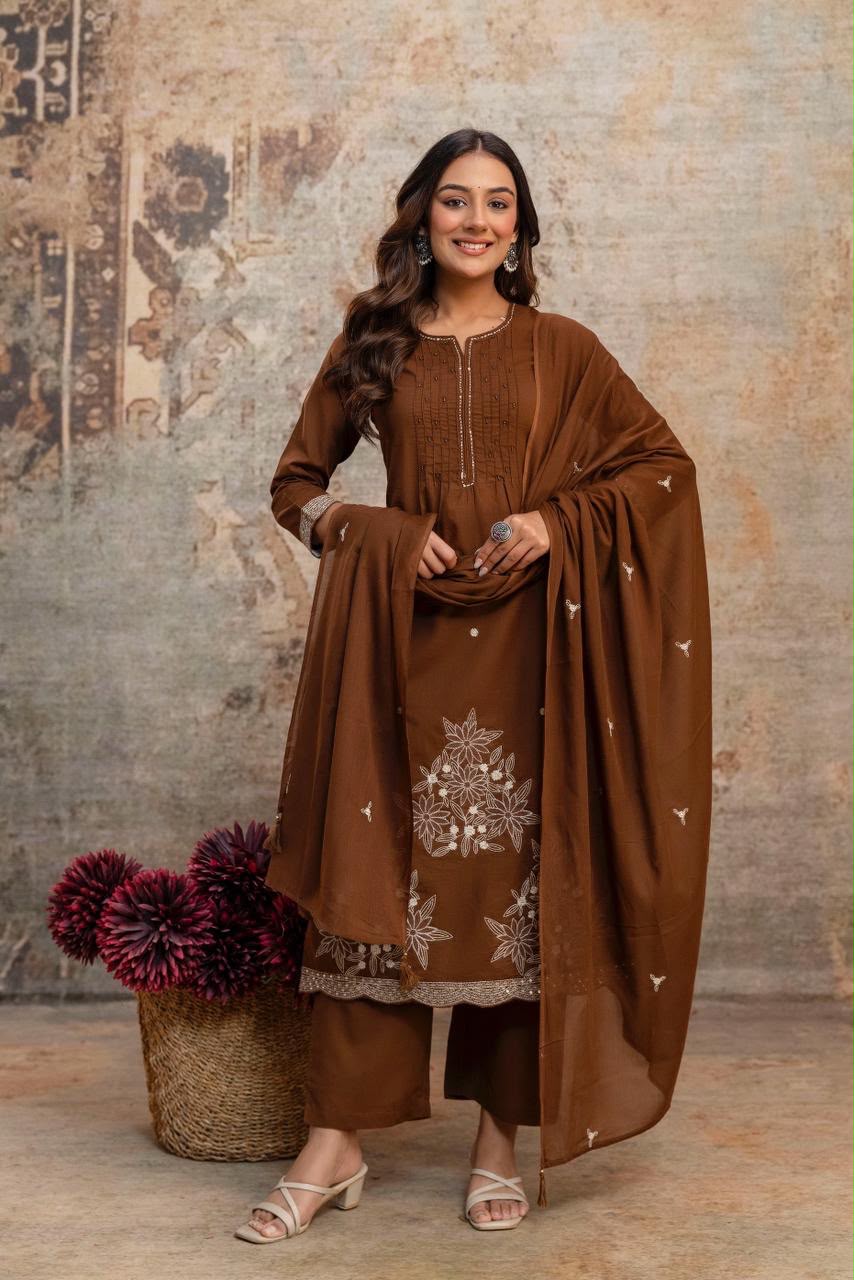 Designer Heavy Cotton Embroidered Kurti Pant Set with Cotton Dupatta